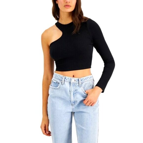 BAR III Women's Deep Black‎ One Shoulder Long Sleeve Ribbed Crop Top Medium - Picture 1 of 9